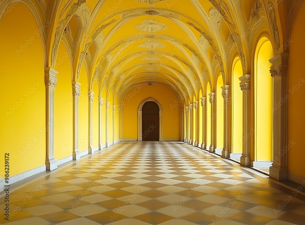 Obraz premium Yellow Arched Corridor with Checkered Floor