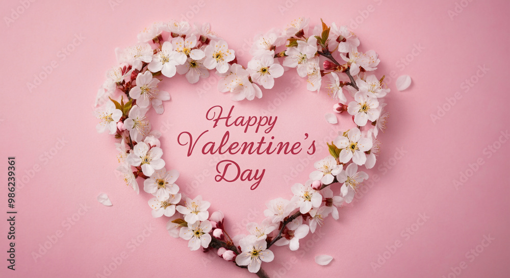Flower heart arrangement for Valentine's Day celebration with cherry blossoms and romantic decorations Flower heart arrangement for Valentine's Day celebration with cherry blossoms and romantic decorations