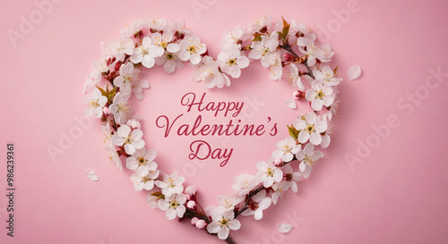 Flower heart arrangement for Valentine's Day celebration with cherry blossoms and romantic decorations