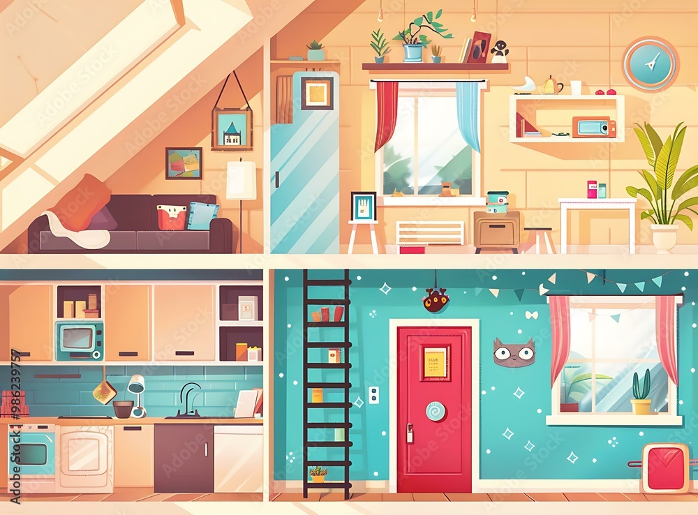 Cartoon Illustration of a Modern Home with a Living Room Kitchen and Bedroom Cartoon Illustration of a Modern Home with a Living Room Kitchen and Bedroom