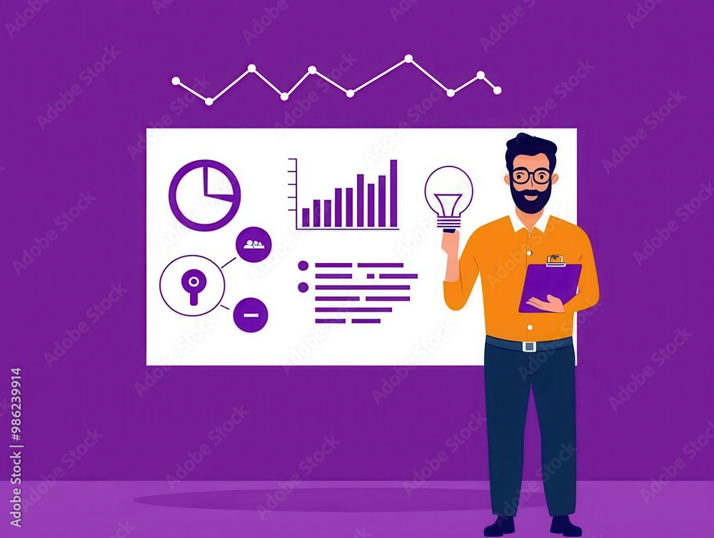 Team leader presenting in front of a banner with business goals and a vision statement, leadership, visionary planning Team leader presenting in front of a banner with business goals and a vision statement, leadership, visionary planning