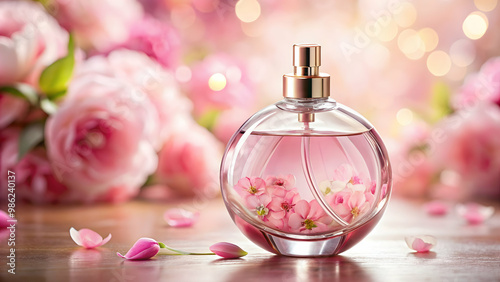 Feminine bottle of perfume with a pink floral design, fragrance, scent, beauty, luxury, cosmetics, elegant, glass, spray