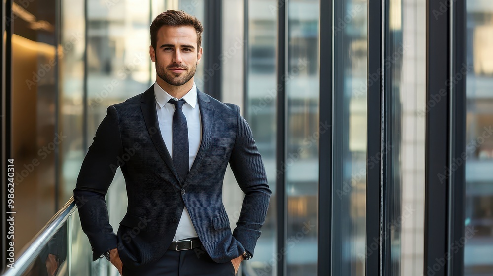 Businessman in a modern suit, standing by a large office window, hands in pockets, looking at the camera. Businessman in a modern suit, standing by a large office window, hands in pockets, looking at the camera.