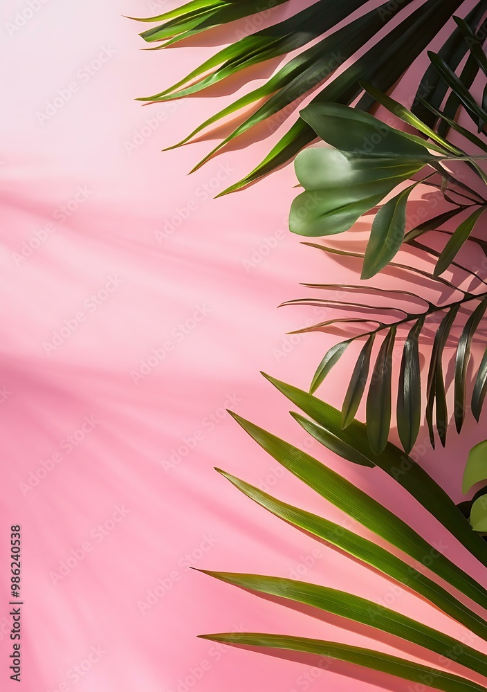 Green Palm Leaves on Pink Background Green Palm Leaves on Pink Background