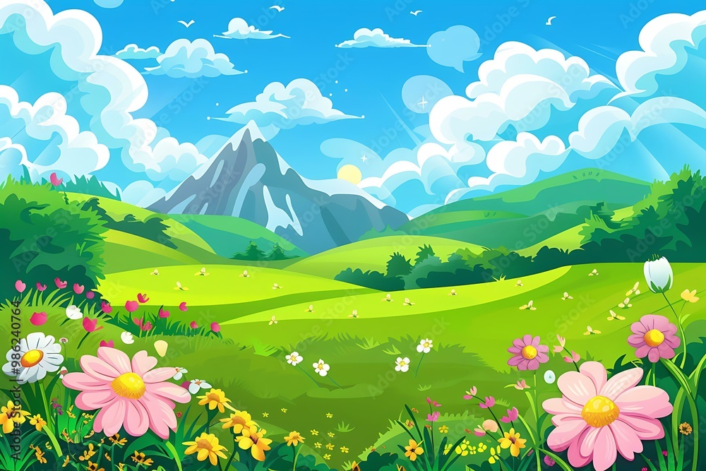 Fototapeta premium Beautiful Spring Meadow Landscape With Blue Sky and Mountain