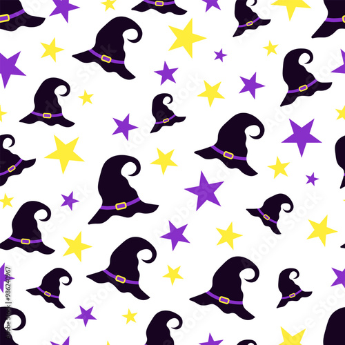 Vector seamless Halloween pattern with black witch hat with yellow and purple stars
