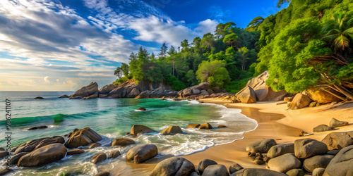 Scenic beach with rocks and trees , Beach, rocks, trees, ocean, waves, nature, landscape, beauty, tranquil, serene photo