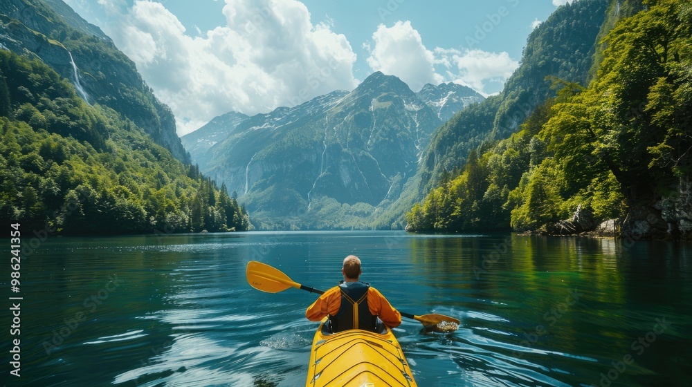 Man kayaking on a serene lake surrounded by majestic mountains and lush greenery under a bright blue sky with clouds. Man kayaking on a serene lake surrounded by majestic mountains and lush greenery under a bright blue sky with clouds.