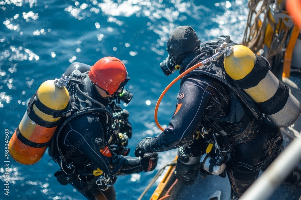 Two divers preparing for an underwater exploration, secured on a research vessel in clear blue waters during daylight Two divers preparing for an underwater exploration, secured on a research vessel in clear blue waters during daylight