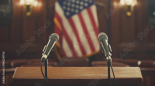 Pulpit with two microphones and flag int he background public speaking politics election press conference