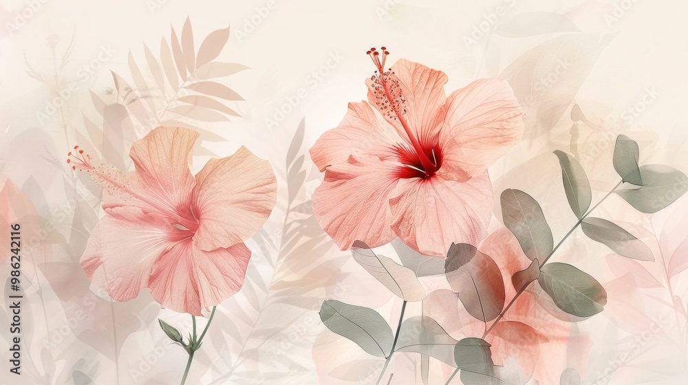 Delicate pink hibiscus flowers against a soft pastel background with subtle leaves, creating a serene and elegant atmosphere Delicate pink hibiscus flowers against a soft pastel background with subtle leaves, creating a serene and elegant atmosphere