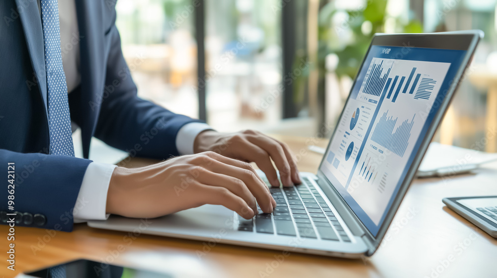 A businessman working on a laptop analyzing financial charts and graphs, representing business strategy and data management. A businessman working on a laptop analyzing financial charts and graphs, representing business strategy and data management.