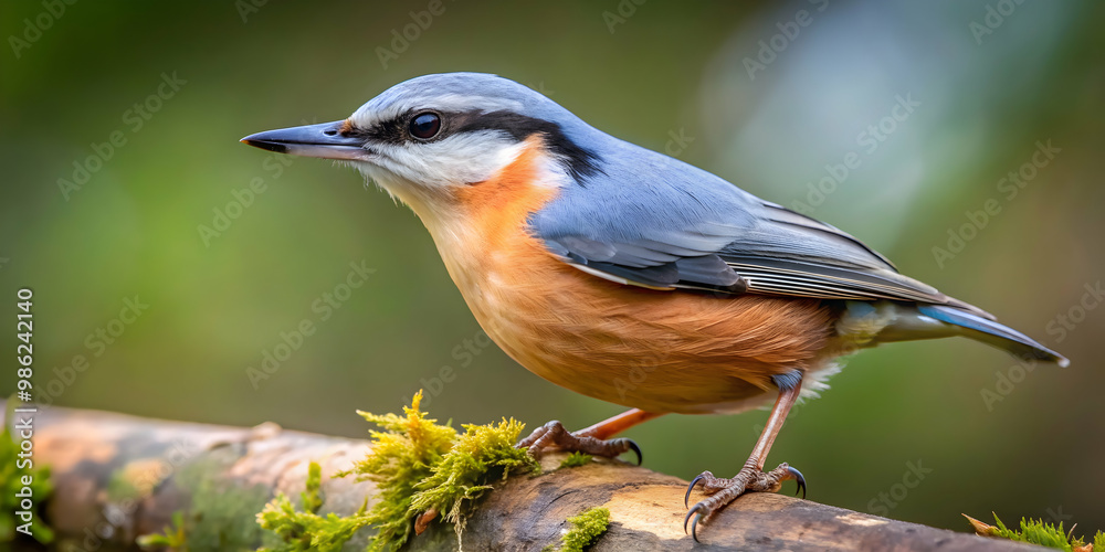 A detailed close-up photo of a Eurasian Nuthatch perched on a tree branch in a forest setting, Eurasian Nuthatch