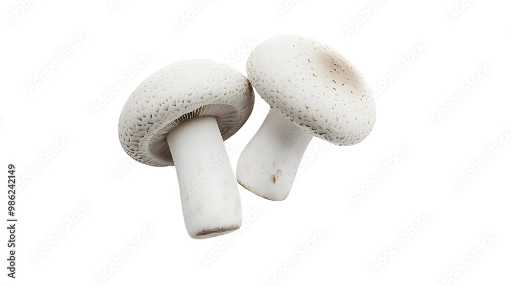 Two fresh white mushrooms with detailed textures on a transparent background Two fresh white mushrooms with detailed textures on a transparent background