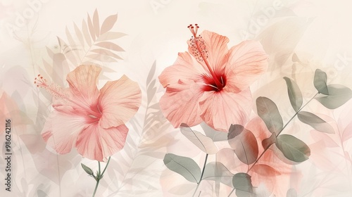 Wallpaper Mural Delicate pink hibiscus flowers against a soft pastel background with subtle leaves, creating a serene and elegant atmosphere Torontodigital.ca