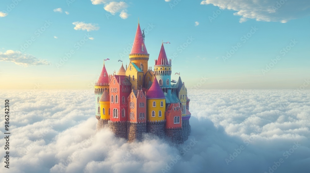 Fototapeta premium A colorful castle floating among clouds in a serene sky.