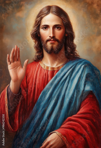 Jesus Christ, in red and blue robes with his hand raised