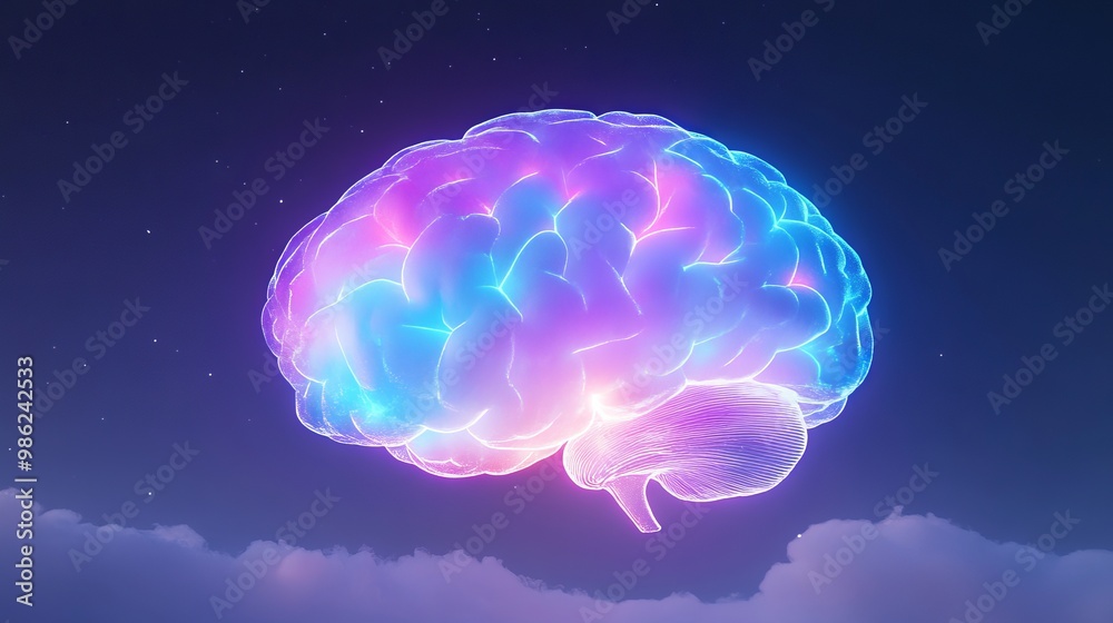 A glowing, colorful brain floating in a dreamy sky.