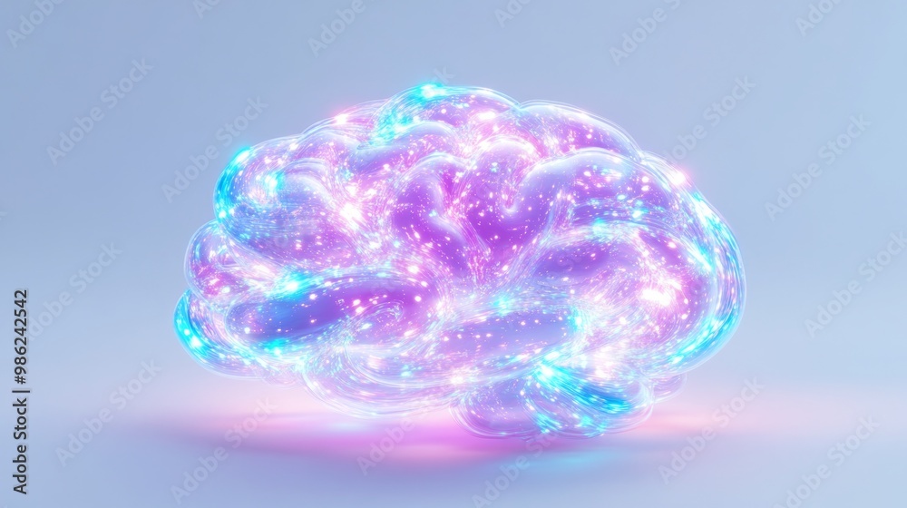 A glowing, colorful representation of a brain with sparkles.