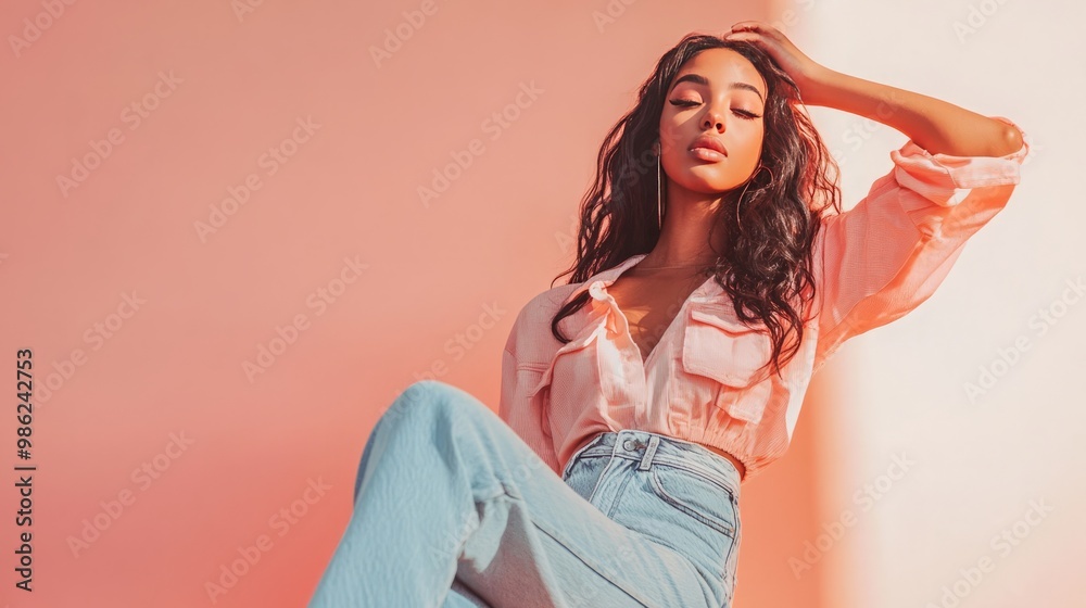 A stylish model poses against a gradient background in casual attire. A stylish model poses against a gradient background in casual attire.