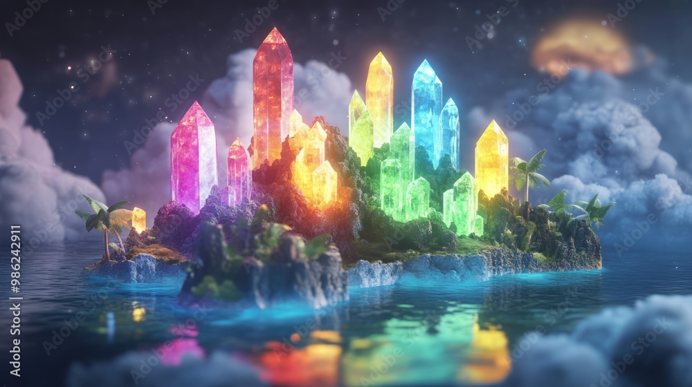 A vibrant crystal island surrounded by water and clouds. A vibrant crystal island surrounded by water and clouds.