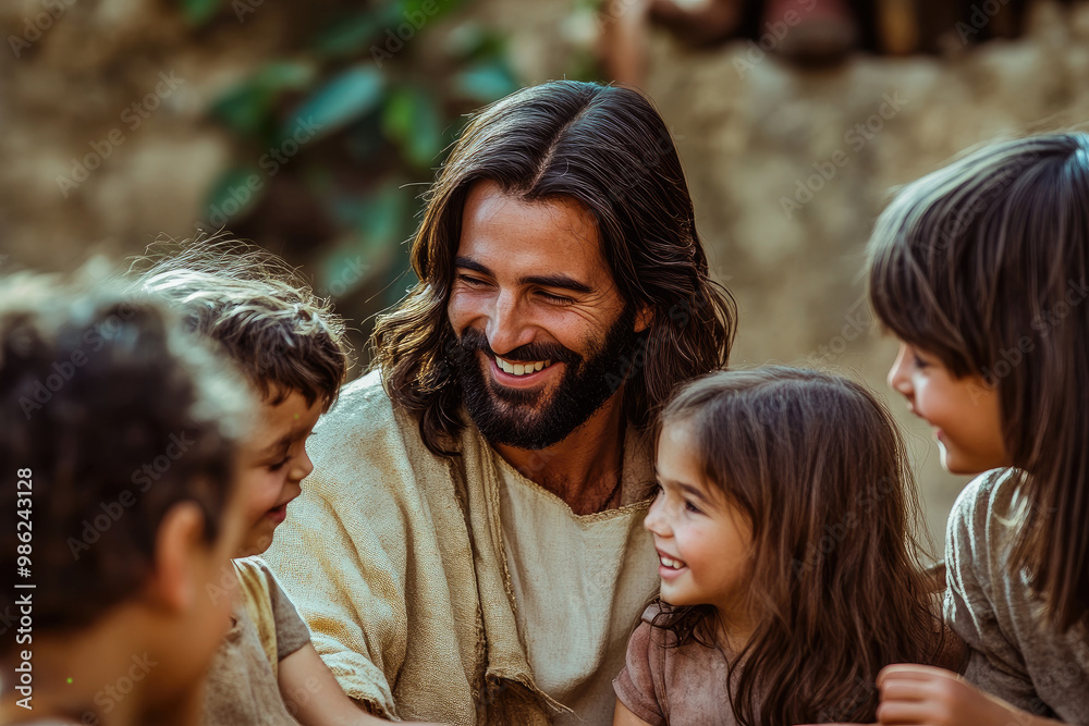 Jesus Christ talking to children, Jesus and children smiling Jesus Christ talking to children, Jesus and children smiling