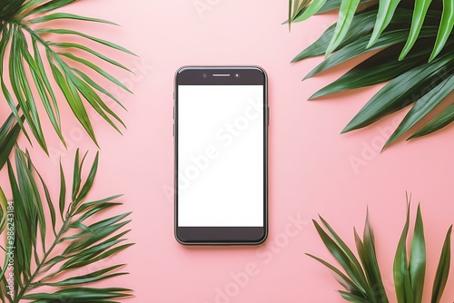 Flat Lay of Green Palm Leaves and Smartphone on Pink Background