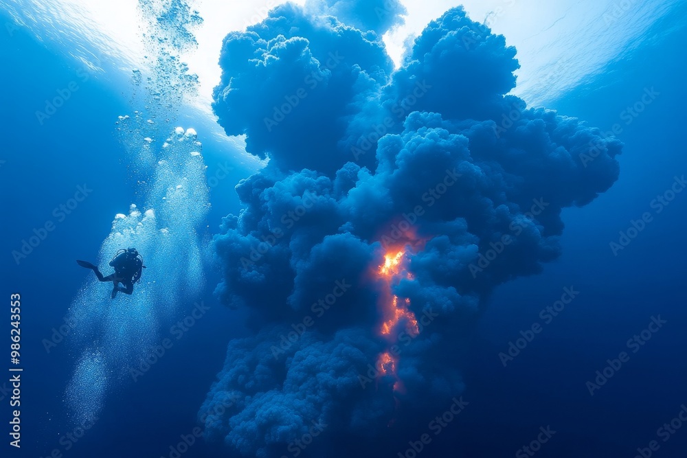 A diver exploring underwater volcanic activity amidst vibrant bubbles and billowing smoke in deep ocean waters A diver exploring underwater volcanic activity amidst vibrant bubbles and billowing smoke in deep ocean waters