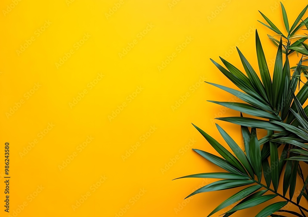 Green Palm Leaves On Yellow Background