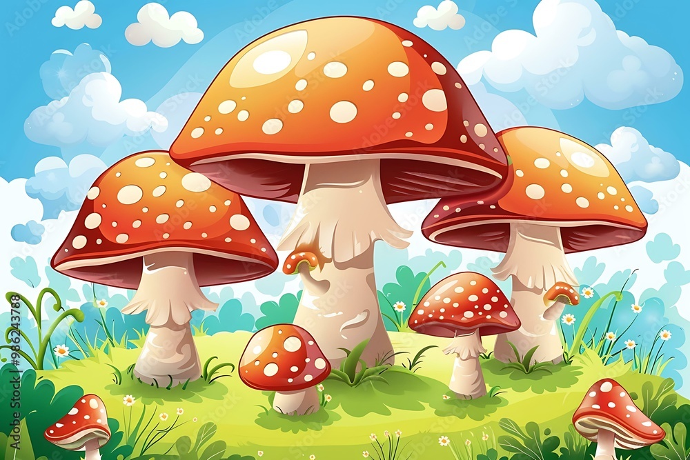 Cartoon Illustration of Red and White Mushrooms in a Grassy Field Cartoon Illustration of Red and White Mushrooms in a Grassy Field