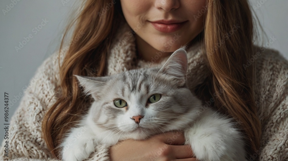 stock image of a woman hugging a cat on a simple, monochromatic background dressed in festive Christmas clothing stock image of a woman hugging a cat on a simple, monochromatic background dressed in festive Christmas clothing