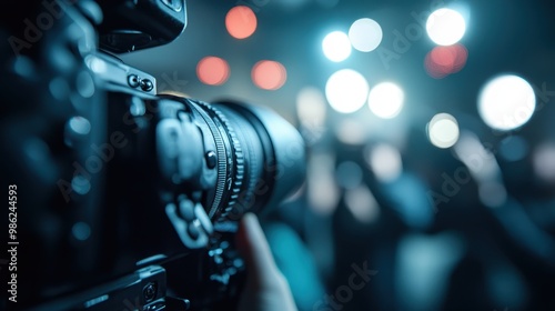 A close-up of a hand holding a camera focusing on bright lights in a crowded space, symbolizing documentation, capturing moments, and preserving memories through photography. photo