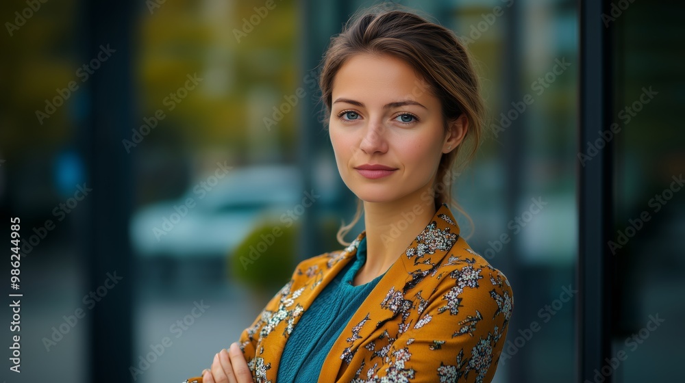 Confident Businesswoman in Colorful Outfit Facing Camera with a Subtle Smile Confident Businesswoman in Colorful Outfit Facing Camera with a Subtle Smile