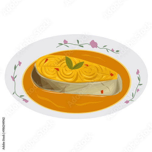 Silver catfish cooked in fermented durian gravy. Tradisional Malay dish is known as Ikan Patin Masak Tempoyak. Malaysian cuisine Illustration. Malaysian food. photo