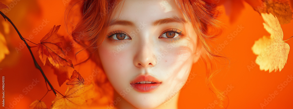 Beautiful fashion portrait of a Korean woman with autumn leaves near her styled red hair, against an orange background Beautiful fashion portrait of a Korean woman with autumn leaves near her styled red hair, against an orange background