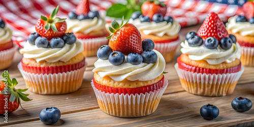 Delicious cupcakes topped with fresh blueberries and strawberries, perfect for a patriotic celebration or summer gathering