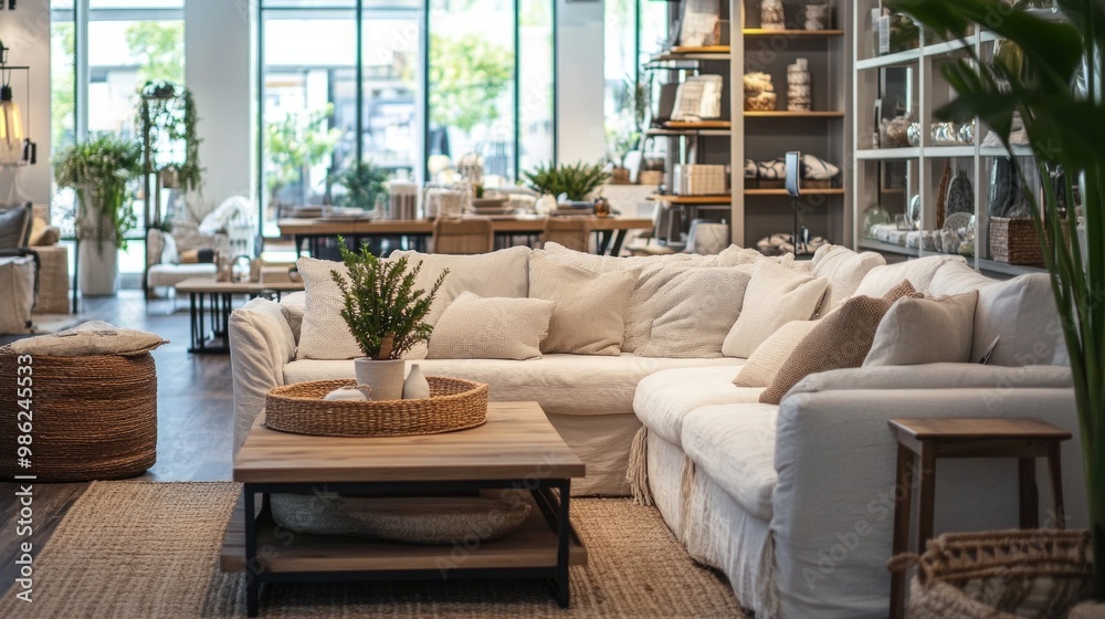 Fototapeta premium Chic Home Decor Inspiration, showcases elegant furniture arrangements and decorative accents, inviting shoppers to revitalize their living environments with fresh ideas.