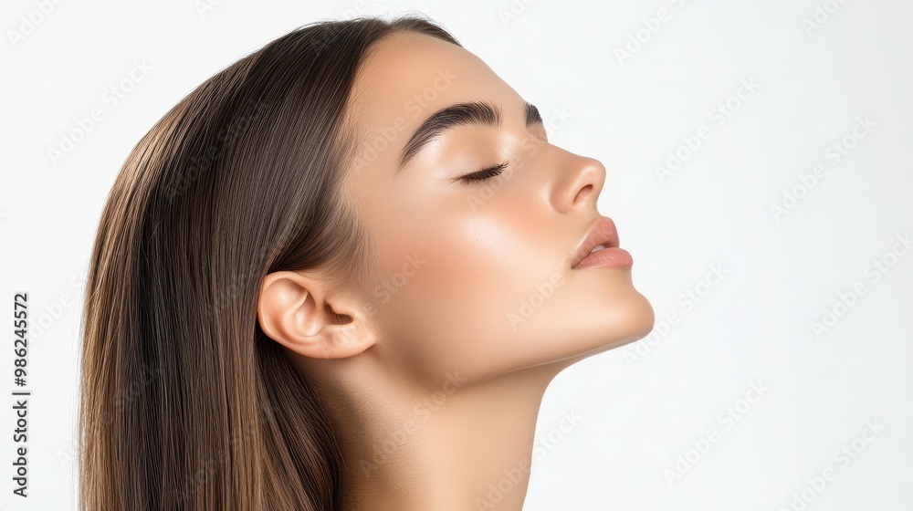 Close-up profile of a beautiful woman with flawless skin, straight hair, eyes shut, soft expression, white background Close-up profile of a beautiful woman with flawless skin, straight hair, eyes shut, soft expression, white background
