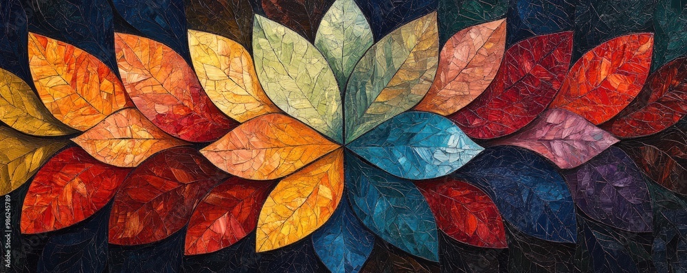 Colorful abstract pattern of leaves in a circular arrangement. Colorful abstract pattern of leaves in a circular arrangement.