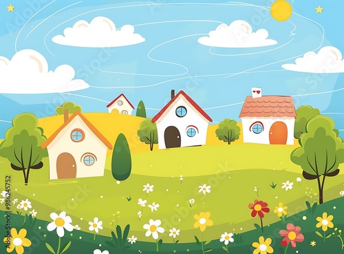 Cartoon Illustration of a Small Village in a Green Meadow