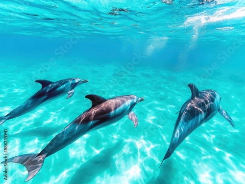 Three dolphins swimming in clear turquoise waters, creating bubbles and enjoying their underwater environment.