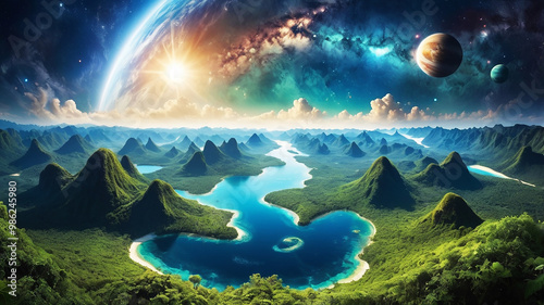 Panoramic view of Earth from space glowing city lights, light clouds, and the vibrant curve of the globe