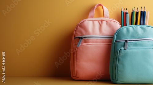 Two pastel-colored backpacks, one pink and one blue, are placed against a yellow background, with colorful pencils arranged inside the blue backpack, ready for school. photo