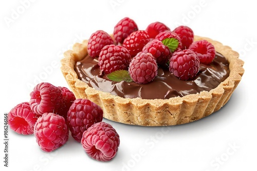 A rustic chocolate tart, with a rough-edged pastry shell filled with smooth chocolate custard, garnished with fresh raspberries for a pop of color. isolated on white background.