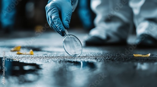 A forensic scientist, wearing gloves, analyzes evidence on a wet ground, capturing the intensity and focus inherent to the scientific pursuit of solving crimes and mysteries. photo