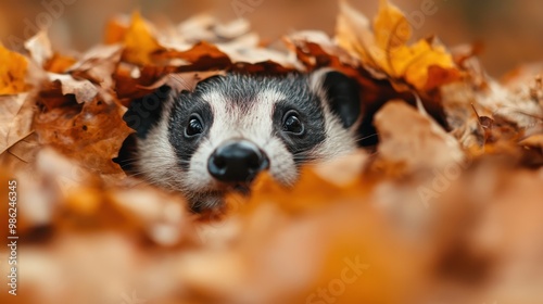 This image captures a cute badger's innocent face as it peeks through an array of autumn leaves, showcasing its natural habitat and the beauty of wildlife in the fall season. photo