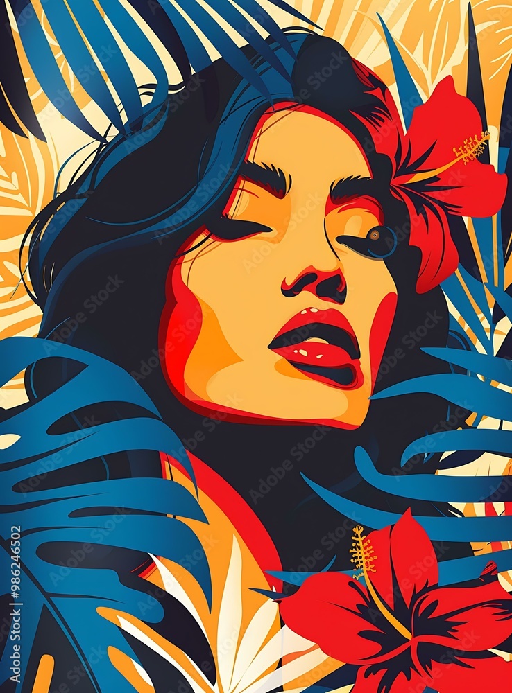 Naklejka premium Woman with Tropical Flowers Illustration