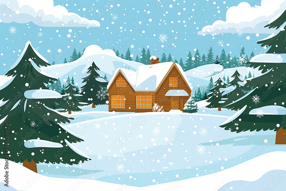 Fototapeta premium Winter Cabin Scene in a Snowy Landscape