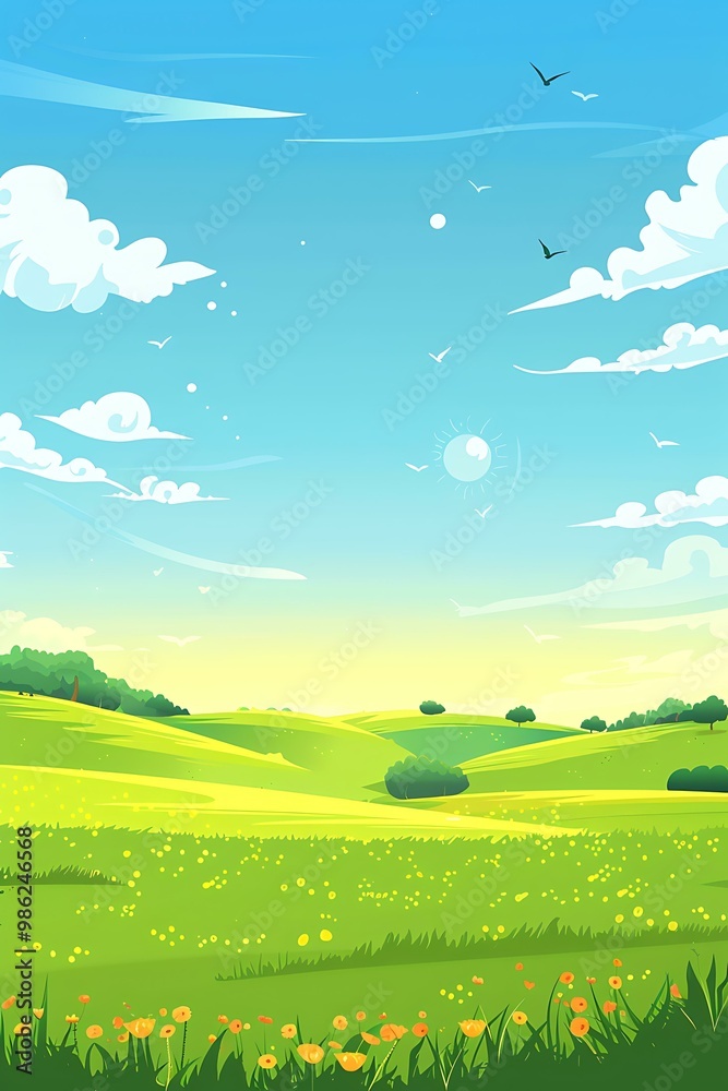 Cartoon Landscape With Green Meadow And Sky Cartoon Landscape With Green Meadow And Sky