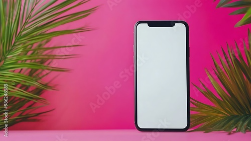 White Screen Smartphone with Green Palm Leaves on Pink Background